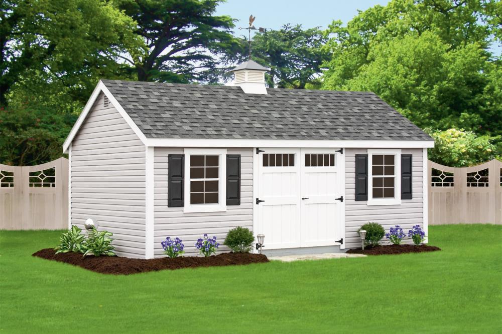 Deluxe Cape Cod 12′ x 20′ • Heritage gray vinyl siding, white trim and doors, black shutters charcoal architectural shing