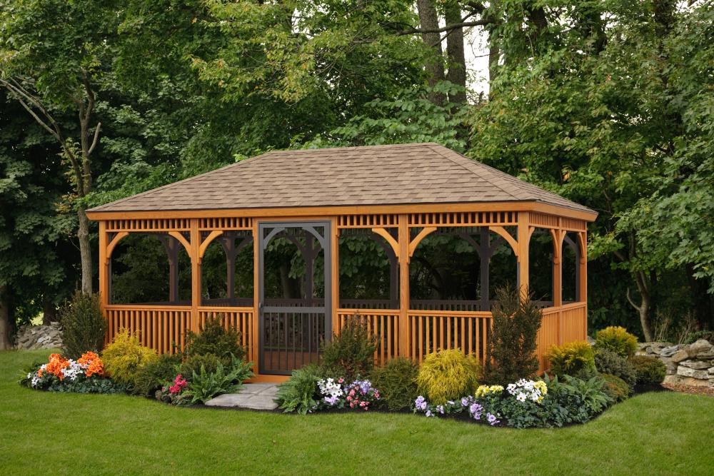 12′ x 20′ Pavilion • Screens, cedar stain, bark shingles