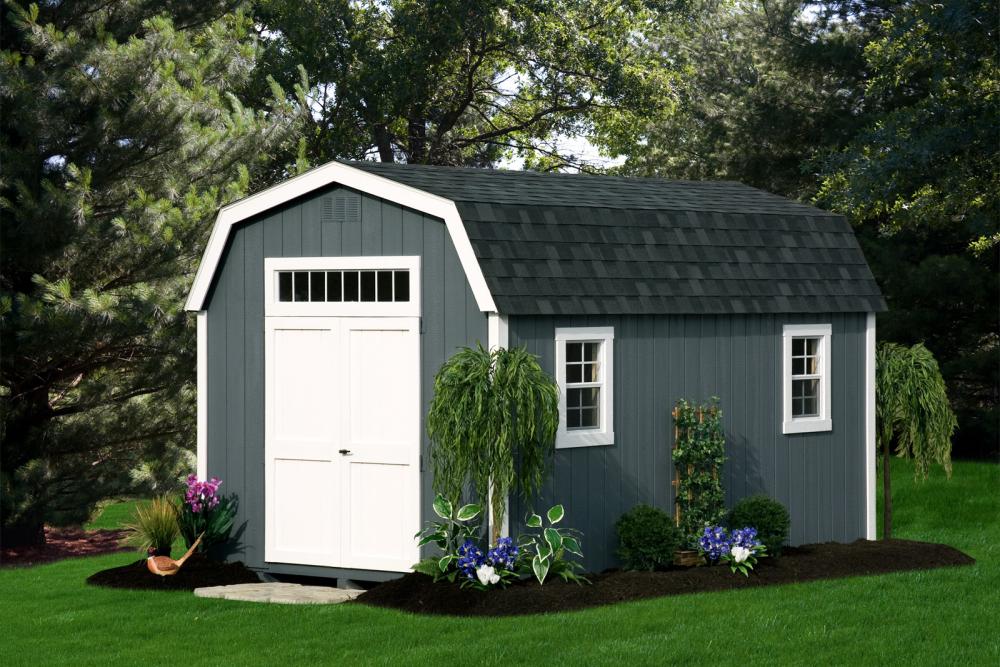 Deluxe Dutch Barn 10′ x 16′ Dark grey siding, white trim and doors, black architectural shingles