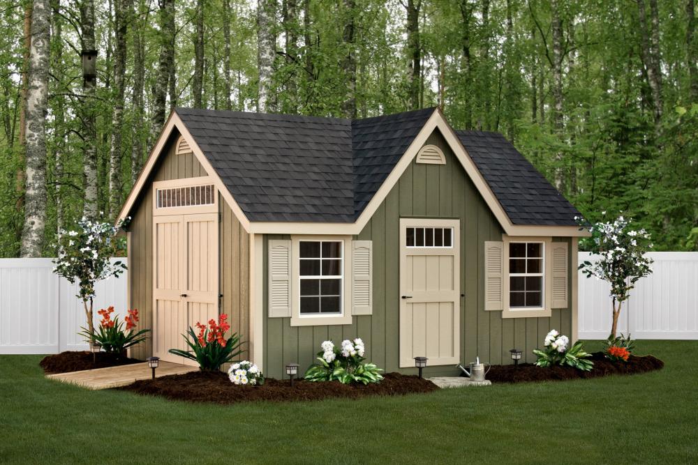 Deluxe Classic 12′ x 16′ • Avocado green siding, almond trim and doors, black architectural shingles Options • Larger windows, shutters, gable vents, extra side door, dormer and transom windows.