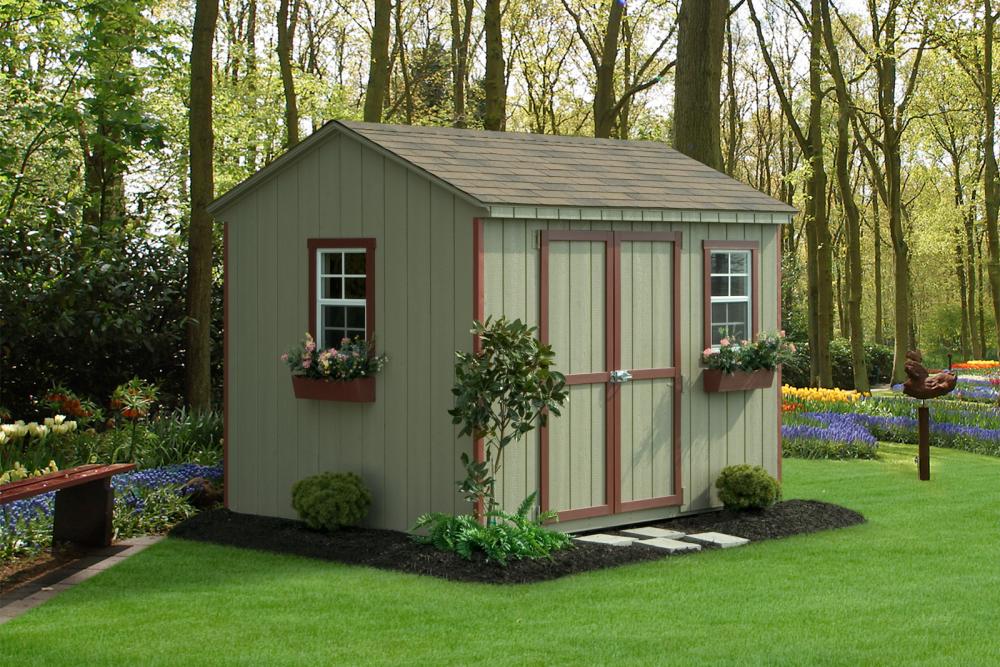 A-frame 8′ x 12′ • Clay siding, red trim, slate shingles, optional flower boxes