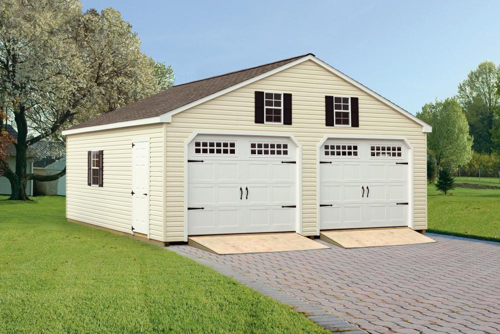 Double Wide Garage 24′ x 24′ • Antique ivory vinyl siding, white trim and doors, black shutters, slate architectural shingles